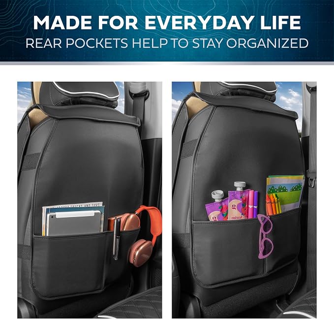 MotorBox Prestige Edition Napa Leather Car Seat Covers Full Set, Open Sides Leather Seat Covers, Premium PU Leatherette Black & White Seat Covers for Cars Trucks SUVs, Front and Rear Seat Cover Set