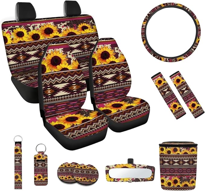 Boho Sunflower 12 Pack Car Seat Covers Sets Car Steering Wheel Cover Car Seat Belt Cover Car Trash Can Car Rear View Mirror Cover Car Cup Coasters Keychain Holder Keychains
