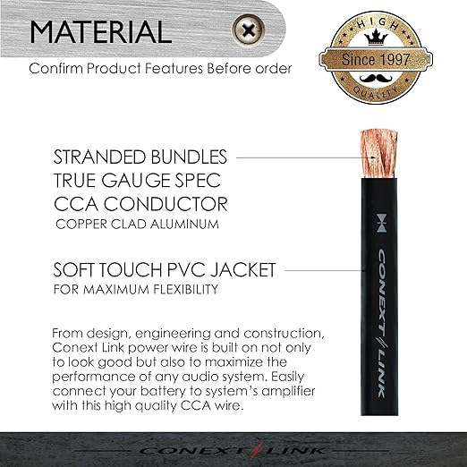 Conext Link 20 ft Frost Black 1/0 Gauge Amplifier Power Ground Wire 0 GA Battery Cable （10818）