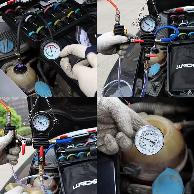 LLNDEI Coolant Radiator Pressure Tester Kit 28PCS Radiator Pressure Tester Pneumatic Vacuum Cooling System Purge Refill Leak/Refiller Set, Universal Automotive Domestic/Import Vehicles, Motorcycle