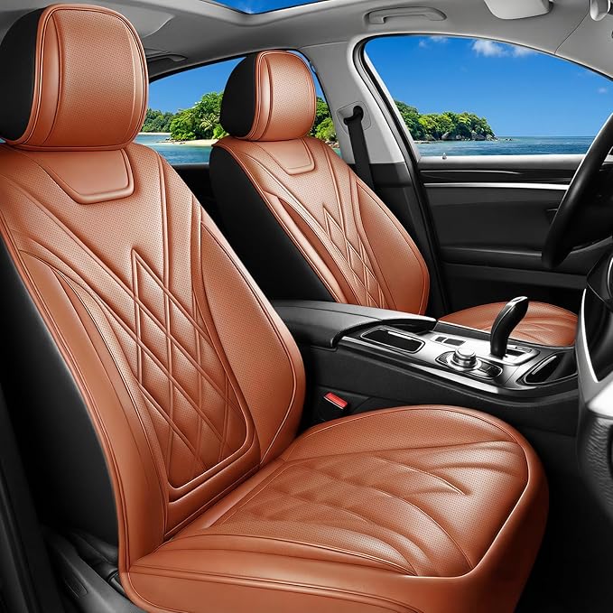 Car Seat Covers Compatible with Ford Focus 2009-2018 - Waterproof & Breathable Luxury Leather All-Weather Seat Cushions Protectors, Airbag Compatible, Only 2 Front seat Covers (Brown)