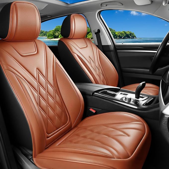 Fit Ranger Car Seat Covers for Ford Ranger 2007-2025 2026 - Luxury Leather, Anti-Slip, All-Weather, Waterproof & Breathable, Airbag Compatible, 2 Front Seats Only (Brown)