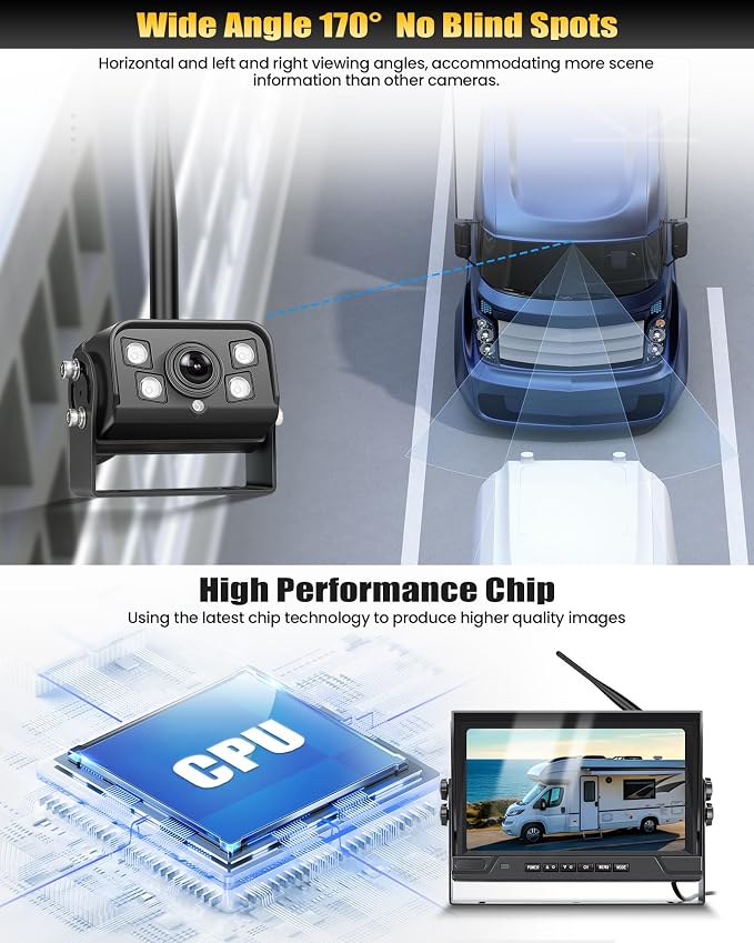 9" Wireless Backup Camera with IPS Full Touchscreen, RV Backup Camera for 360° DVR, Recording 4-Channel Split Screen, Night Vision, IP68, Blind Spot Aler, Back up Camera Systems for Truck Trailer