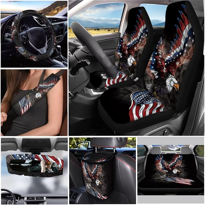 Eagle Flag Car Accessories Set 12 Pcs Steering Wheel Cover Seat Belt Cover Car Trash Can Rear View Mirror Cover Cup Coasters Keychain Holder Keychains