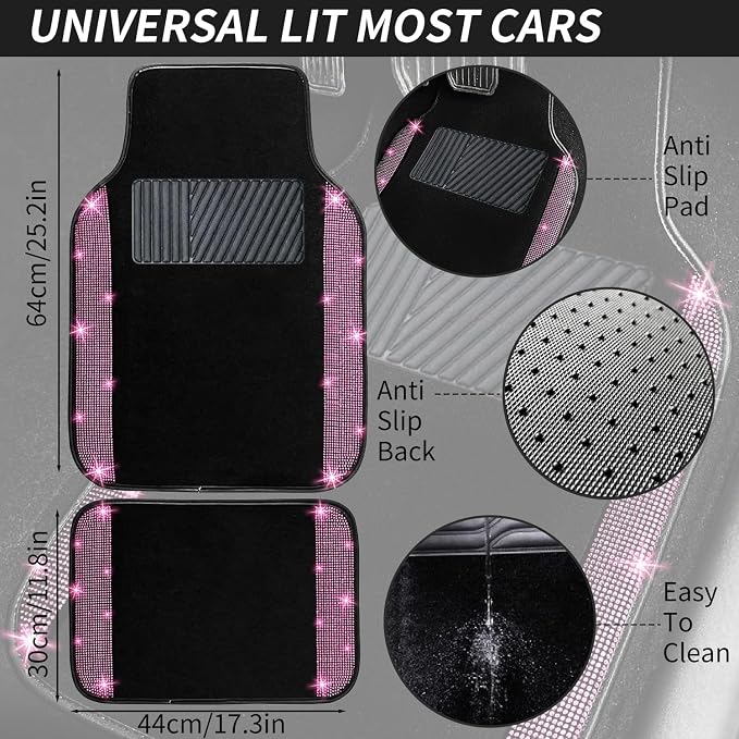 NBTEPEM Pink Bling Car Floor Mats Full Set, Universal Fit Most Cars,SUV, Trucks, 4 pcs Sparkle Glitter Diamond Carpet for Women Girls with Anti-Slip Pad (Pink Diamond)