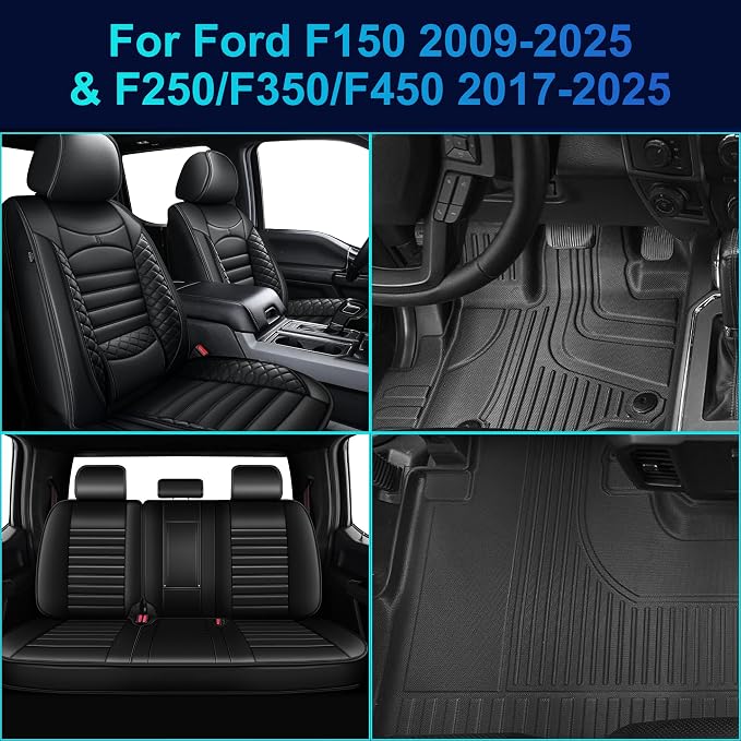 Seat Covers & Floor Mats Fit for Ford F150 2015-2025 2026 5 Seat Full Set Faux Leather Truck Seat Covers Custom Fit Rubber All Weather Floor Liners (Black)