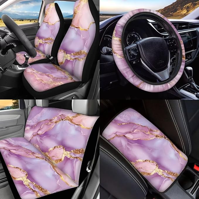 BIGCARJOB Pink Marble Print Car Seat Covers Set 15 Pcs Pink Marble Texture Car Interior Accessories Full Set Auto Seat Headrest Cover Steering Wheel Cover Car Trash Can Hanging