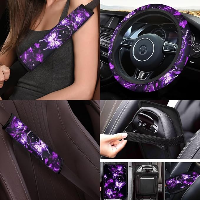 Neon Butterfly Car Accessories Set Full Sets 17 Pack Purple Butterfly Car Seat Covers with Front and Split Rear Bench,Seat Belt Cover Pad,Auto Front Rear Foot Carpet All Weather,Universal Fit
