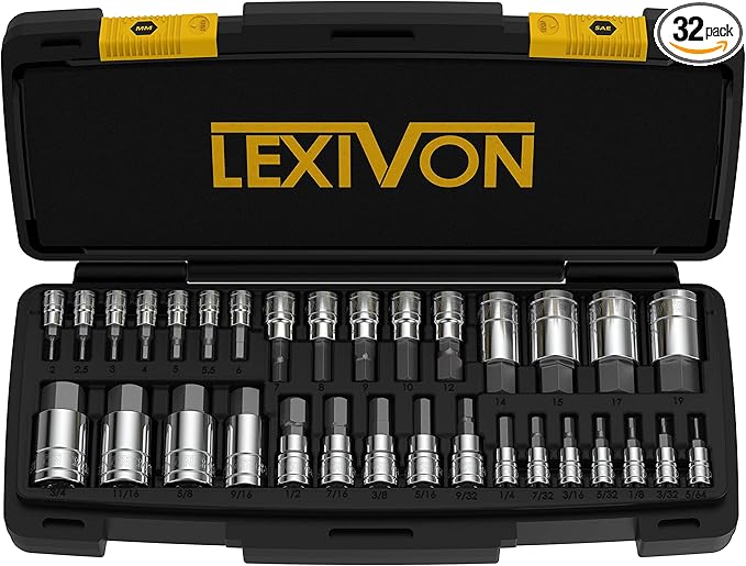 LEXIVON Master HEX Bit Socket Set, Premium S2 Alloy Steel | Complete 32-Piece, SAE and Metric Set | Enhanced Storage Case (LX-144)