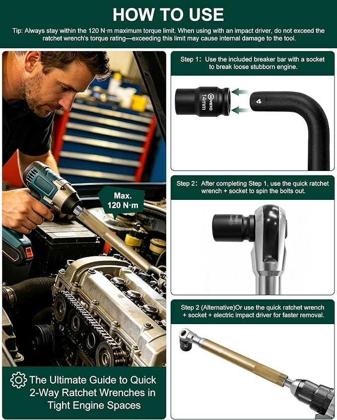 11 Piece 1/2" Offset Extension Wrench,Offset Extension Wrench Impact for Electric Drill with 9 Impact Socket, 1/2" drive handle, Multifunctional Electric Ratchet Wrench, Slim for Tight Spaces
