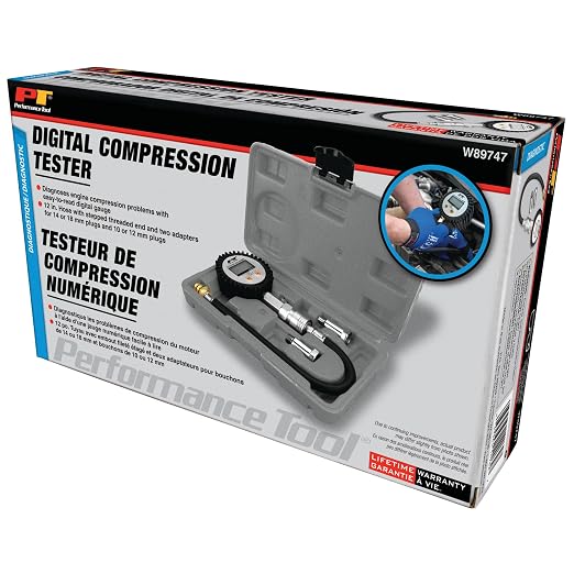 Performance Tool W89747 Digital Compression Tester - Accurate Diagnosis for Engine Performance, 300 PSI Gauge, Quick Disconnect Fitting, Stepped Adapters, Auto Shut-Off, Battery Included