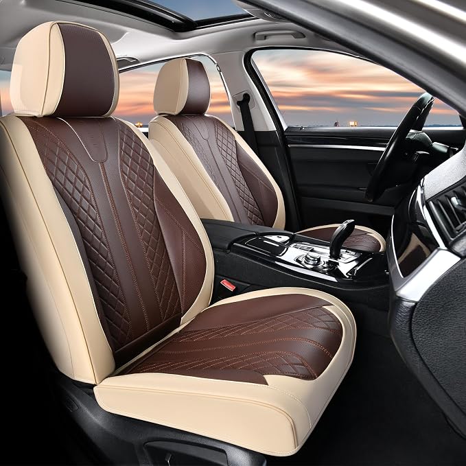 FLORICH Front and Back Seat Covers for Cars Leather Car Seat Cover Full Set 5 Seats Waterproof Seat Protector Automotive Seat Covers Carseat Cover Universal Fit for Most Cars SUV Trucks, Beige&Coffee