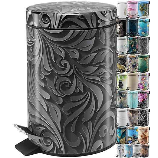 Sanilo Small Bathroom Trash Can with Lid [1.3 Gallon] - Lidded Tiny Trashcan for Garbage - Mini Metal Bin with Soft Closing Mechanism - Bath Room Accessoire Wastebin with Inner Bucket (Floral)