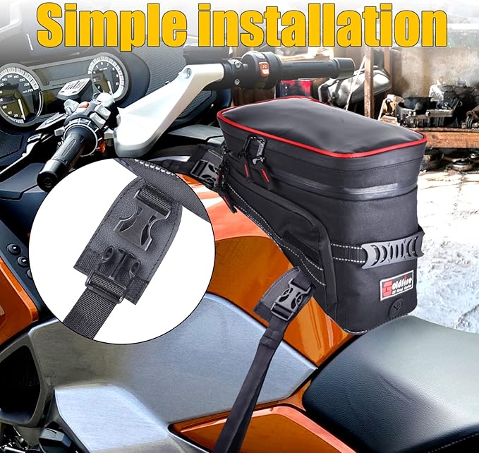 Motorcycle Tank Bag w/Strap Storage Bag Compatible with Honda Yamaha Suzuki Kawasaki Harley Water Resistant (Red Piping)