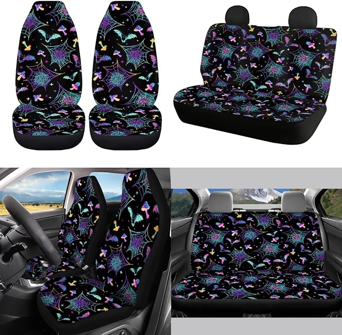 Halloween Galaxy Spider Web Car Seat Cover Full Sets Galaxy Bat Steering Wheel Cover Mushroom Coaster Seat Belt,Keyring,Auto Rear View Mirror Cover,14Pcs Halloween Car Interior Set for Women