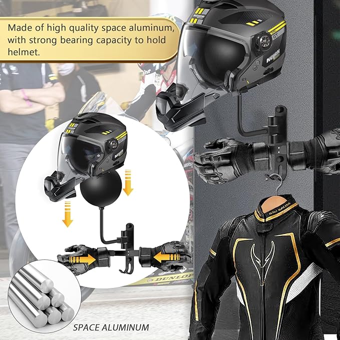 Kikerike Motorcycle Helmet Rack Wall Mount 180 Degree Rotation Metal Bike Helmet Holder Mount Bicycle Helmet Display Hanger Stand with 2 Hooks for Motorcycle Bike Baseball Rugby Helmet - 1 Pack
