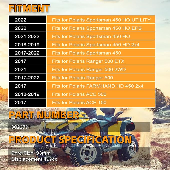 PANGOLIN 93mm Cylinder Piston Gasket Top End Rebuild Kit Bore fit for Polaris Sportsman 450/ Ranger 500 2017-2022, Replace OE 3022701
