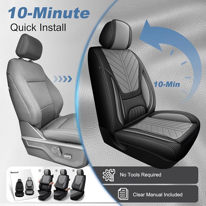 for Dodge RAM 1500 2500 3500 2012-2026 Full Set Seat Covers | Custom Fit Faux Leather Breathable Cooling Truck Bighorn Laramie Tradesman Crew Cab, Seat Protectors(5 Seats, Black & Grey)