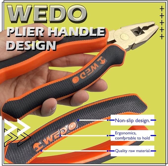 WEDO Non-Sparking Lineman's Pliers 8", Spark-free Safety Side Cutter Linemans Pliers, Combination Pliers, Wire Stripper, Crimper, Cutter, DIN Standard, BAM & FM Certificate, Aluminum Bronze