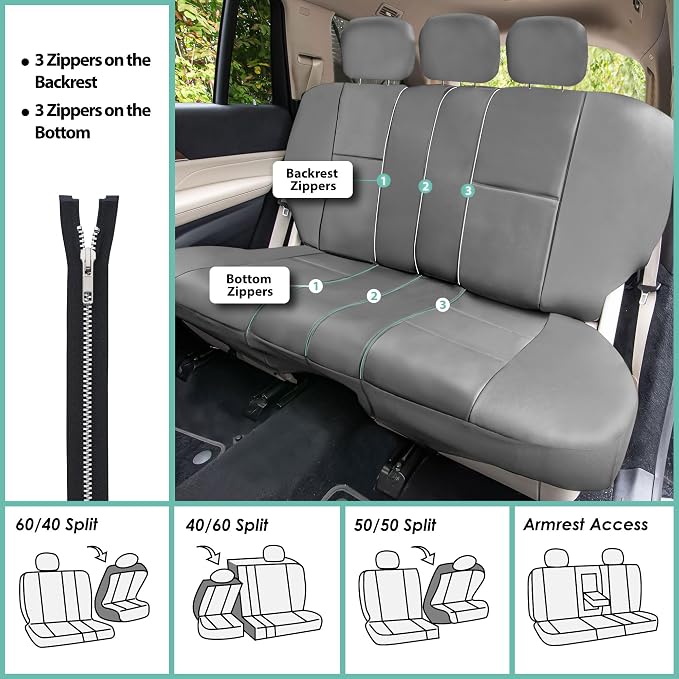 FH Group Car Seat Cover Airbag Compatible Full Set Gray Premium PU Leather - Split Bench Combo Vinyl Floor Mats Seat Covers Interior Accessories Universal Fit for Cars Trucks SUV