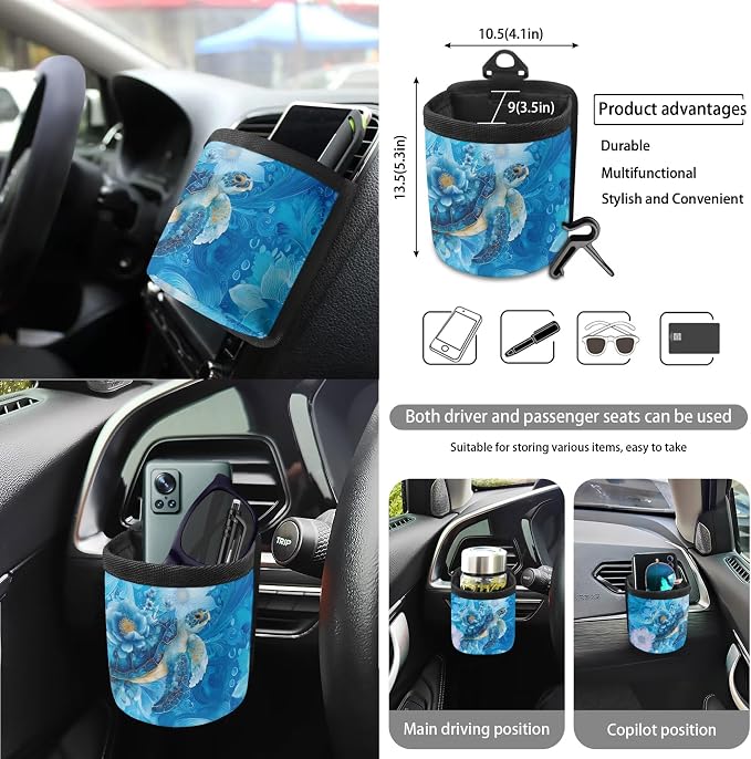 Turtle Floral Wave Print Universal Fit Car Seat Cover Set Steering Wheel Covers Seatbelt Strap Cover Garbage Cans Air Vent Storage Holder Rearview Mirror Covers Coasters Keychain 15 PCS