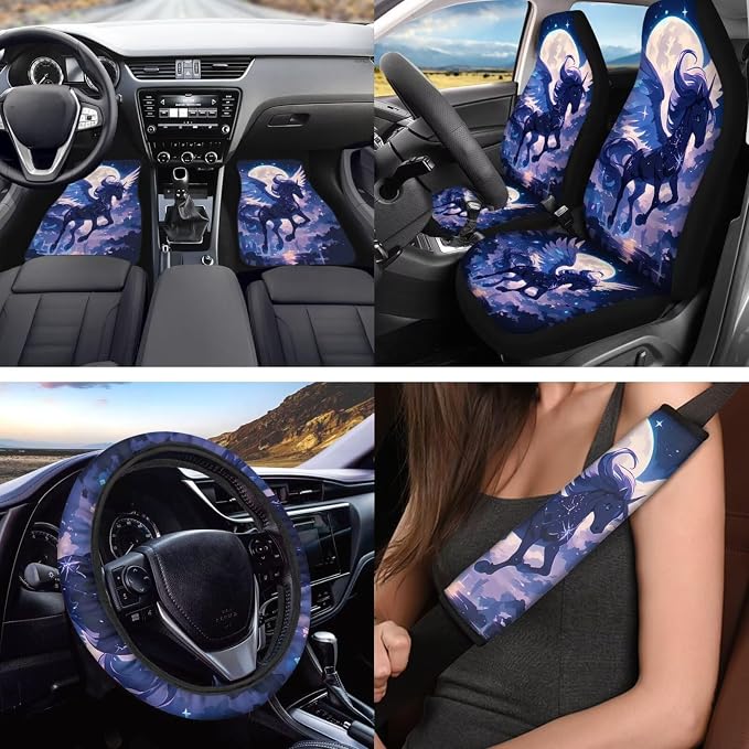 Beautiful Moon Pegasus Car Interior Accessories Set for Women, 18 Pcs Car Seat Covers with Steering Wheel Cover Floor Mats Armrest Pad Seat Belt Pads Handle Wraps Cup Coaster Keychain