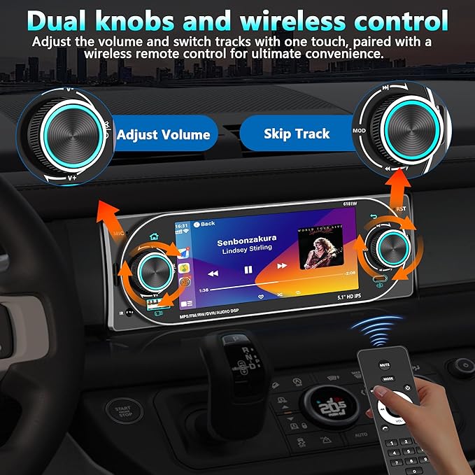 Single DIN Radio Car Stereo Wireless Apple Carplay，Dual Knobs & HD Touchscreen Radio for Car， Bluetooth 6.0 Car Play Android Auto, 60W x 4 Output, AM/FM Radio，USB,SWC, Backup Camera (Black)