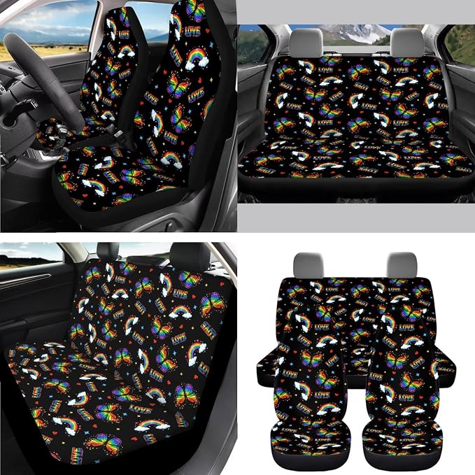 AFPANQZ Car Seat Covers Full Set of 11 Interior Accessories Protector Hand Brake Gear Shift Knob Cover, Rainbow Love Butterfly Seat Belt Pads, Steering Wheel Cover Fit Car Truck SUV
