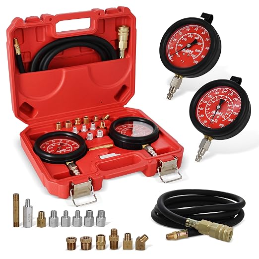 ABN Engine Oil Pressure Tester Tool Kit – Professional Oil Pressure Gauge Kit up to 400 PSI, High and Low Pressure Gauge Kit for Engine Diagnostic, Engine Oil Pressure Tool Kit | Engine Oil & Transmission Gauge Kit, Dual Gauges 0-100 & 0-400 PSI, 14 Ad...