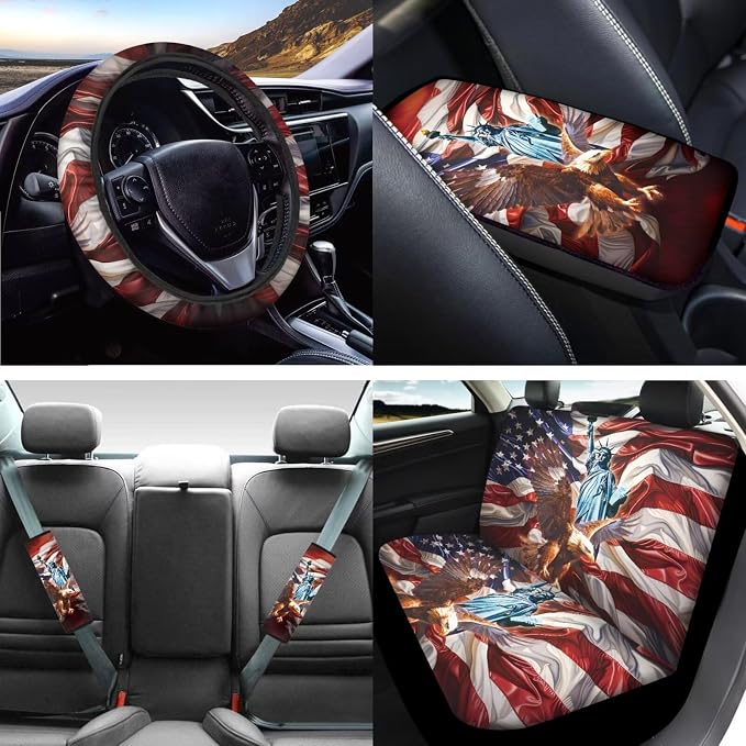 Mumeson State of Liberty Eagle 8 Pieces Set Car Seat Covers Car Seat Covers with 1 Pair Car Seatbelt Covers Soft Shoulder Cushion Pad Rubber Steering Wheel Covers Car Armrest Cover