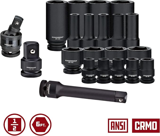 Powerbuilt Master 63 Piece 1/2-Inch Drive Impact Socket Set, Extensions, Metric&SAE Deep/Standard Impact Socket, Universal Joint and Adapter, Cr-Mo Steel, EVAs torage Tray - 949012