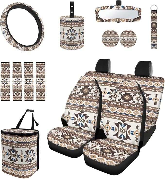 Earthy Tribal Car Seat Covers Set of 15 with Universal Steering Wheel Cover, Rearview Mirror Cover, Car Trash Can, Seatbelt Pads, Cup Holder Coasters, Keychains