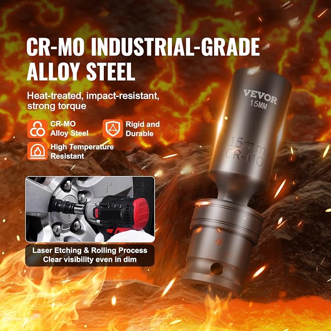 VEVOR 14PCS Universal Impact Socket Set - 3/8" Drive Deep Metric 10-19mm 6 Point - Swivel Socket with Flexible Wobble, CR-MO, Metric, Storage Case