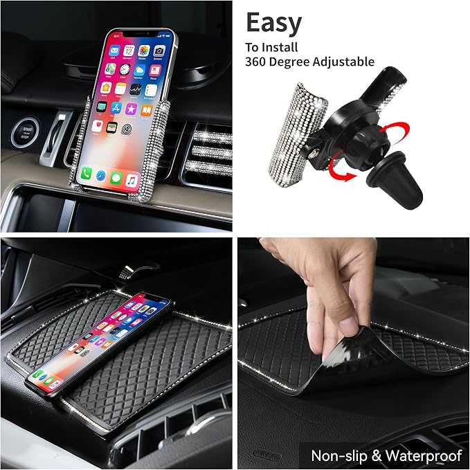 CAR PASS 30 PCS Bling Car Accessories Set for Women, Bling Steering Wheel Covers 15 Inch, Shining Rhinestone License Plate Frame, Sparkly Diamond Phone Holder, Car Mats Full Set, Silver