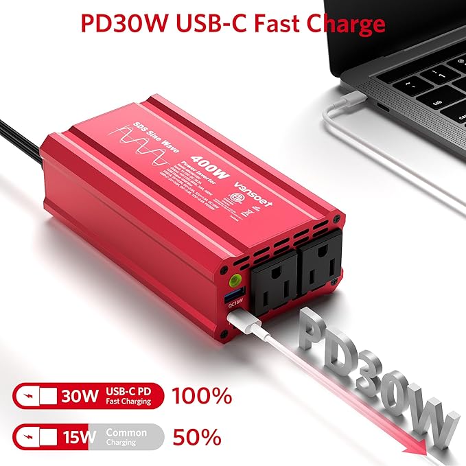 【2026 Upgraded】 400W Peak Clipped Sine Wave Car Power Inverter DC 12V to AC(2 Outlets) 110V Car Charger Plug Adapter Power Converter with PD3.0 & QC18W Dual USB Charging Ports (Red) (Red)
