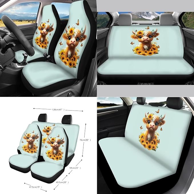 Cow Sunflower Butterfly Print Car Seat Cover Set Steering Wheel Cover Seatbelt Strap Pad Cup Coasters Air Vent Storage Holder Garbage Cans Rearview Mirror Covers Key Chain, 15 Pack