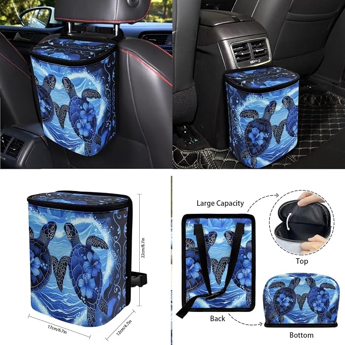 Turtle Hibiscus Print 10 Pack Car Accessories, Car Seat Covers Full Set Steering Wheel Cover Air Vent Storage Bag Auto Rubbish Can Keychain Cup Coasters Universal Fit for SUV Truck Van