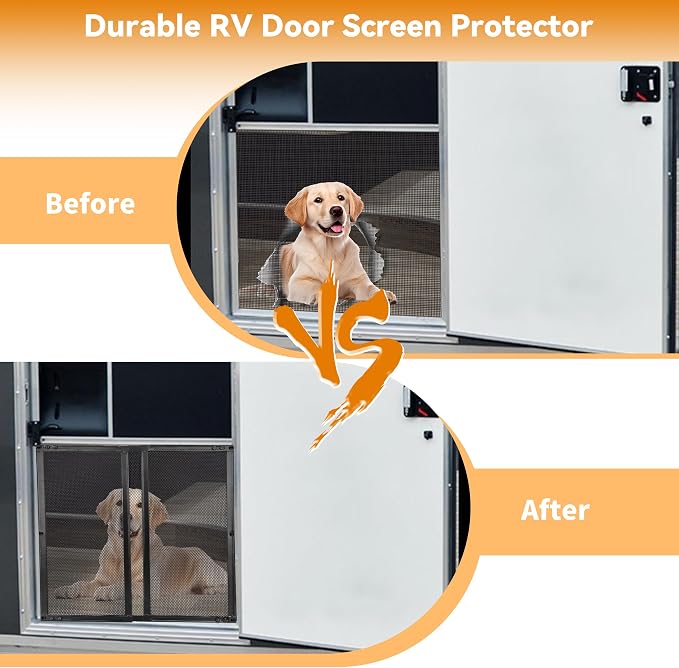 RVZONE Premium RV Screen Door Protector Adjusts from 21.5"- 35", Lightweight RV Entry Screen Door Grille Adjustable Metal Screen Defender for RV Door Camper Screen Door Protector for Dogs Kids