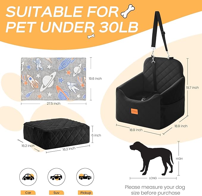Dog Car Seat for Small Dog with Washable Mat, Memory Foam Booster Seat for Dogs Under 30lb, 6" Elevated Pet Seat with Pockets, Anti-Slip Bed for Car, Perfect for Front & Back Seats with Safety Leash