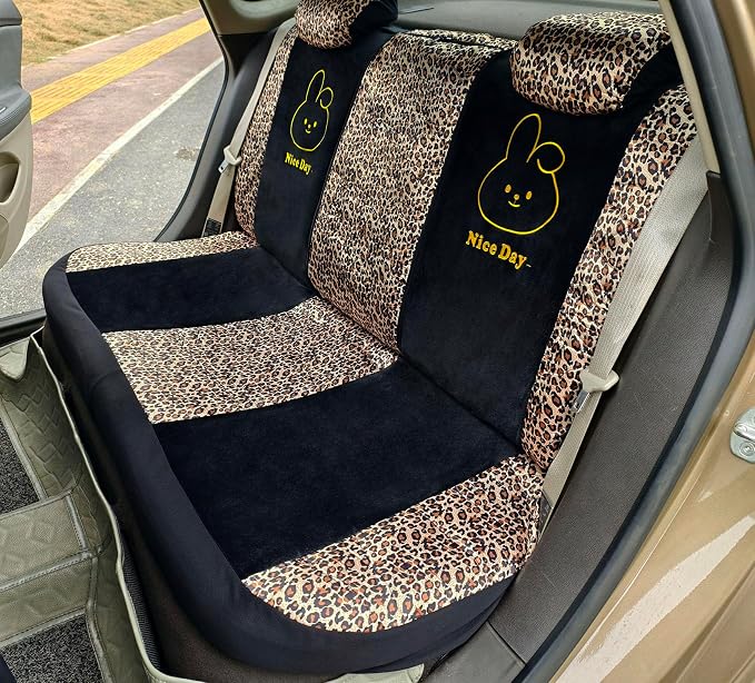 Cute Leopard Print Car Seat Covers For Women, Universal Full Set (Bunny) | Lovely Embroidered Cartoon Design For Daily Driving, Universal Fit For Most Cars, Soft Short Flannel With Stretch Backing