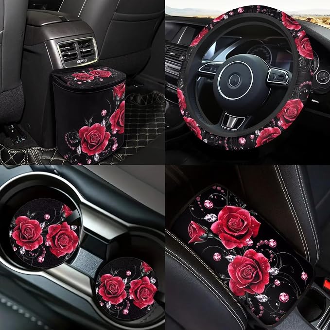 18 Pieces Car Seat Covers Full Sets Red Rose Car Accessories Set with Red Rose Steering Wheel Cover Auto Trash Can for Women Car Headrest Covers Belt Pads Cover Romantic Auto Armrest Pad