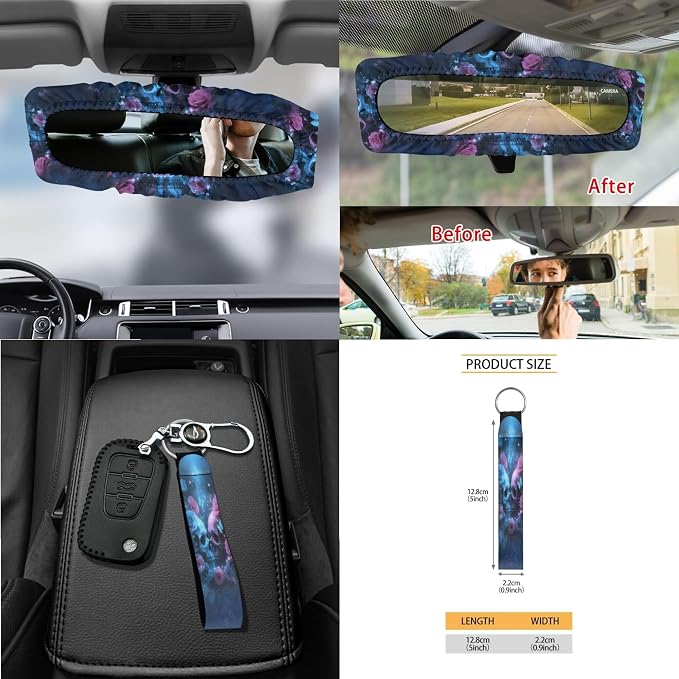 Skull Butterfly Rose Print Car Accessories Set of 15 Car Seat Covers Seatbelt Strap Pad Steering Wheel Cover Air Vent Storage Bag Rear View Mirror Cover Trash Cans Cup Holder Key Chain