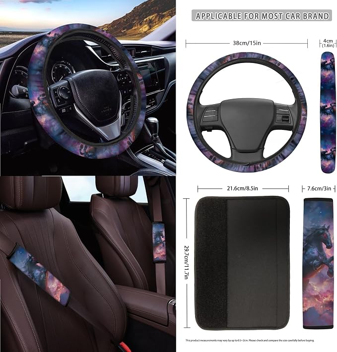 Horse Clouds Print Car Accessories Full Set of 15 Car Seat Covers Steering Wheel Cover Air Vent Storage Holder Seatbelt Strap Pad Cup Coasters Rear View Mirror Cover Keychain