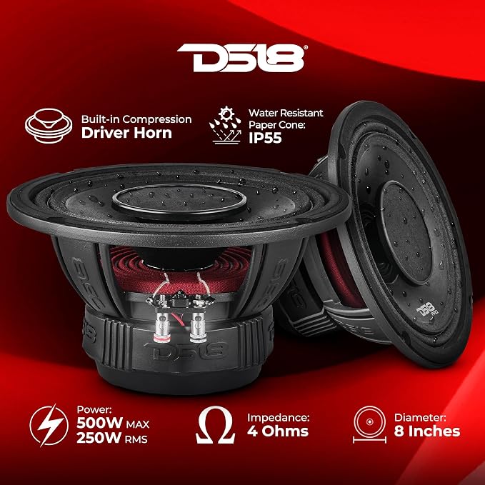 DS18 PRO-HY8.4B 8" Hybrid Mid-Range Car Audio Loudspeaker with 1" VC Built-in Compression Driver Horn, 500W Max 250W RMS 4 Ohms (1 Speaker)