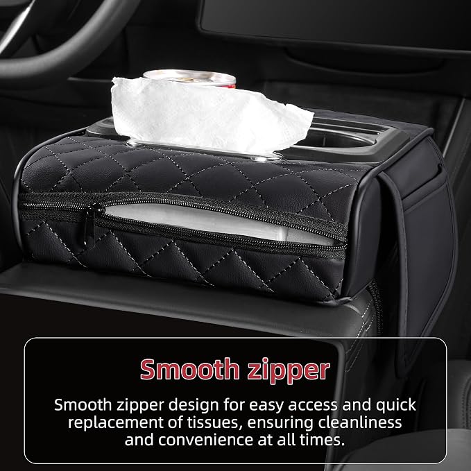 5 in 1 Nappa Leather Console Armrest Cover, Black | Built-in cup holder, tissue slot, phone holder & 2 storage pockets, practical car accessories fit SUV sedan truck