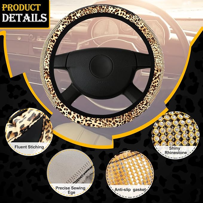 Tallew 10 Pieces Leopard Print Car Accessories Set Diamond Cheetah Leopard Steering Wheel Cover Seat Belt Licence Frame Armrest Pad Cover Cup Holder Keyring Bracelet for SUV Car Truck