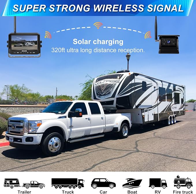 DALLUX Solar Wireless Backup Camera Monitor System Kit, 7 inch DVR Monitor+HD IP69K Waterproof Night Vision Rear View Reverse Camera for Van Trailer 5th Wheel Pickup RV Campers Motor Home