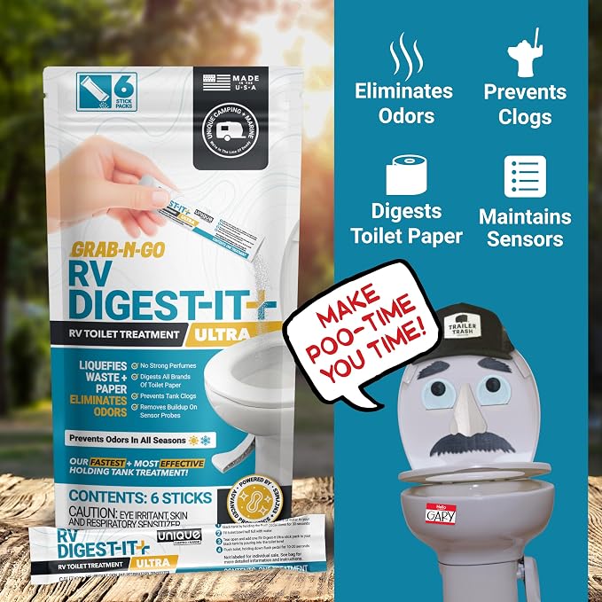 Unique RV Digest-It Ultra Stick Packs Summer-Long Tank Treatment, 6 Premeasured Packs, No Mess Powder for Black Tanks, Controls Odors, Helps Break Down Waste