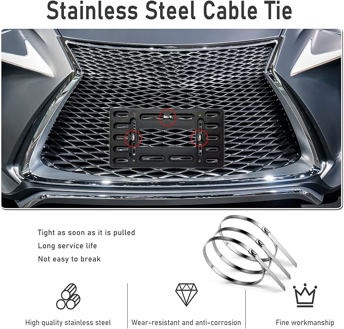 BGGTMO Front License Plate Mounting Kit- License Plate Bracket Holder Frame- Universal Bumper Car Tag Frame Mount Adapter with Stainless Steel Screw Cap, Cable Ties