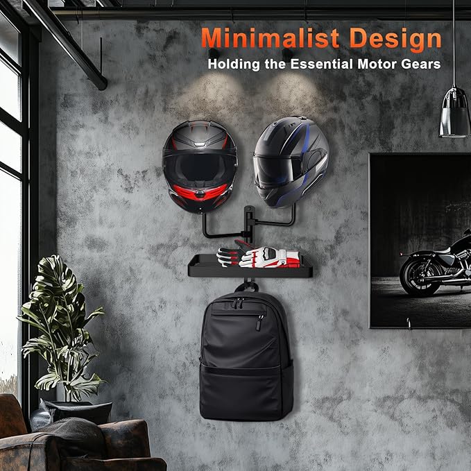 Motorcycle Helmet Holder Wall Mount, Rustic Helmet Rack with 2 Ball Hangers and Storage Space for Motorcycle Gear Accessories, The Double Hooks for Key/Jacket Hanging